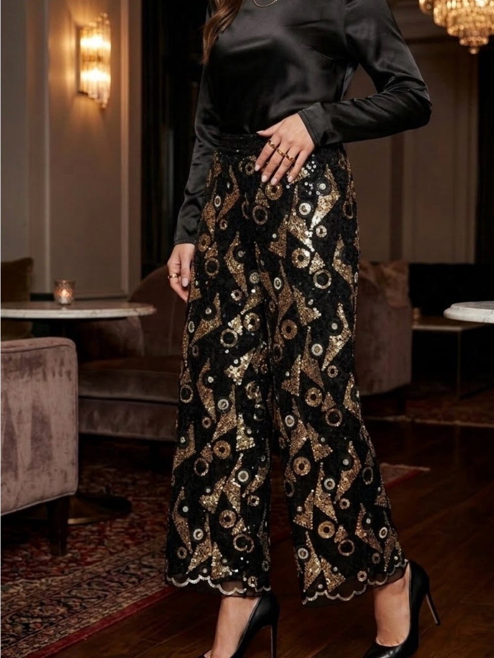 Vintage Hollis D. Forest Black & Gold Geometric Sequin Wide Leg Pants